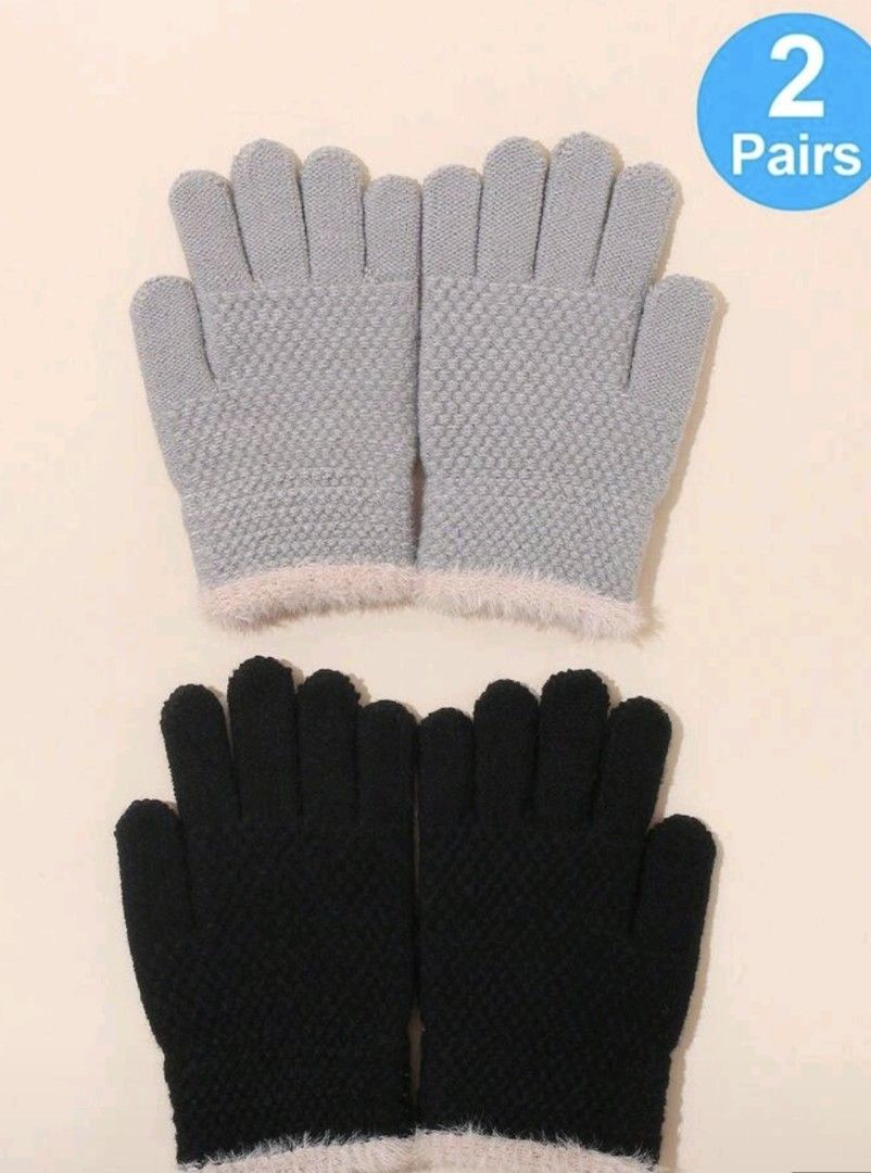 Knit Gloves 2 Pairs Black and Grey (Category: Babies & Kids Fashion) located in Imus. Submitted by maggieforce (Listing ID 1467930757, Image 1). Description: - worn by my 7 year old son but size 8 to 12 y/o in Shein - Set of 2 pairs: Classic black and soft grey - Warm textured knit design for cold weather - Stylish and cozy fluffy faux fur trim on cuffs - Stretch fit for comfortable daily commutes or walks.