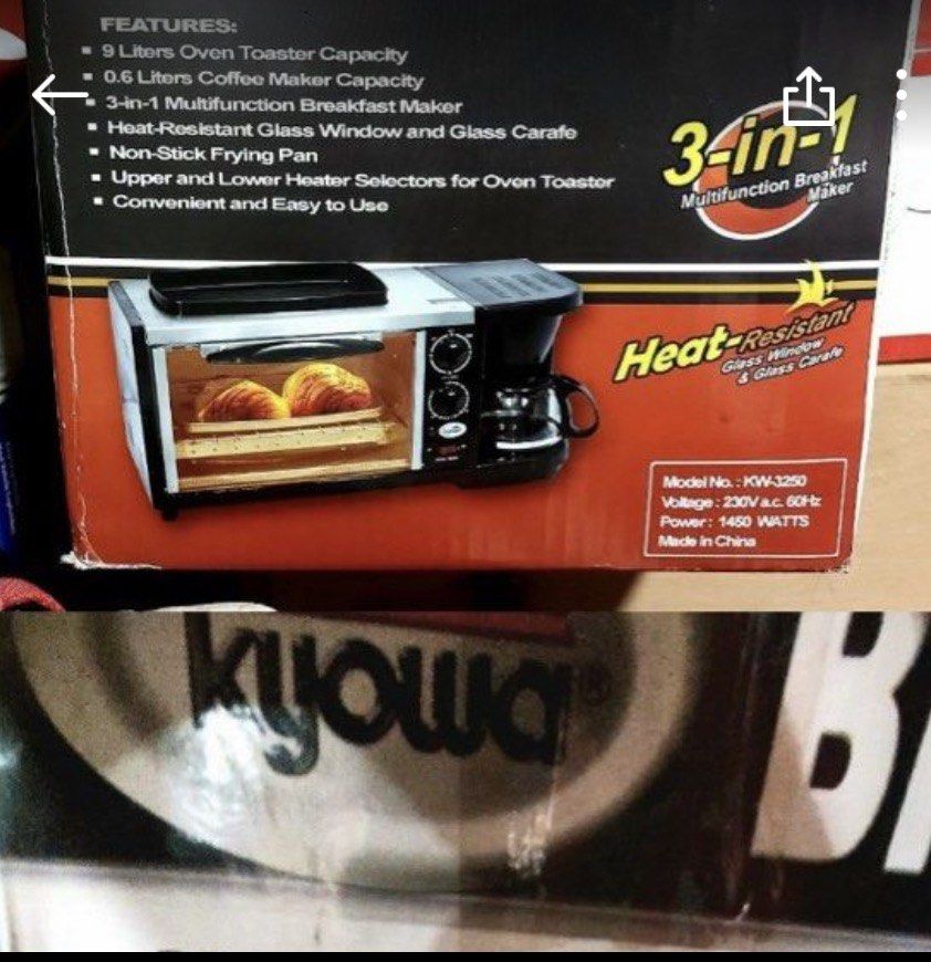 Kyowa KW-3250 3-in-1 Multifunction Breakfast Maker (Category: Coffee Machines & Makers) located in Quezon City. Submitted by marialourd49562 (Listing ID 1467879827, Image 1). Description: - All-in-one 3-in-1 breakfast maker by Kyowa (KW-3250) - Includes a 9-liter oven toaster with upper and lower heater selectors - Equipped with a 0.6-liter coffee maker with heat-resistant carafe - Comes with a built-in non-stick frying pan - Features a heat-resi