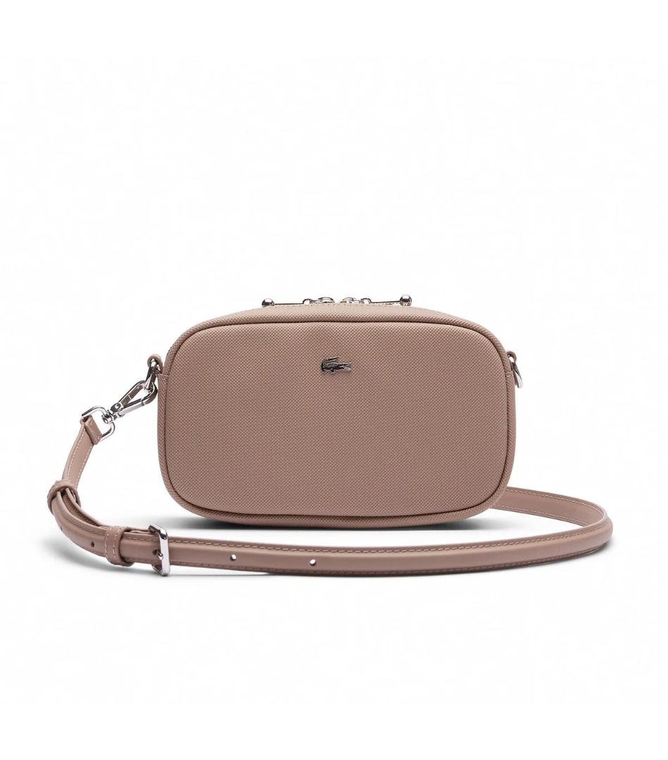 Lacoste Crossbody Bag Beige (Category: Cross-body Bags) located in Mandaluyong City. Submitted by happystone-8b18 (Listing ID 1468055587, Image 3). Description: - Brand: Lacoste - Style: Camera bag / Crossbody - Color: Taupe (textured material) - Hardware: Silver-tone with metallic crocodile logo - Closure: Top zipper - Strap: Adjustable and detachable with matching clips - Condition: Brand new with original tags and protective wrapping intact.
