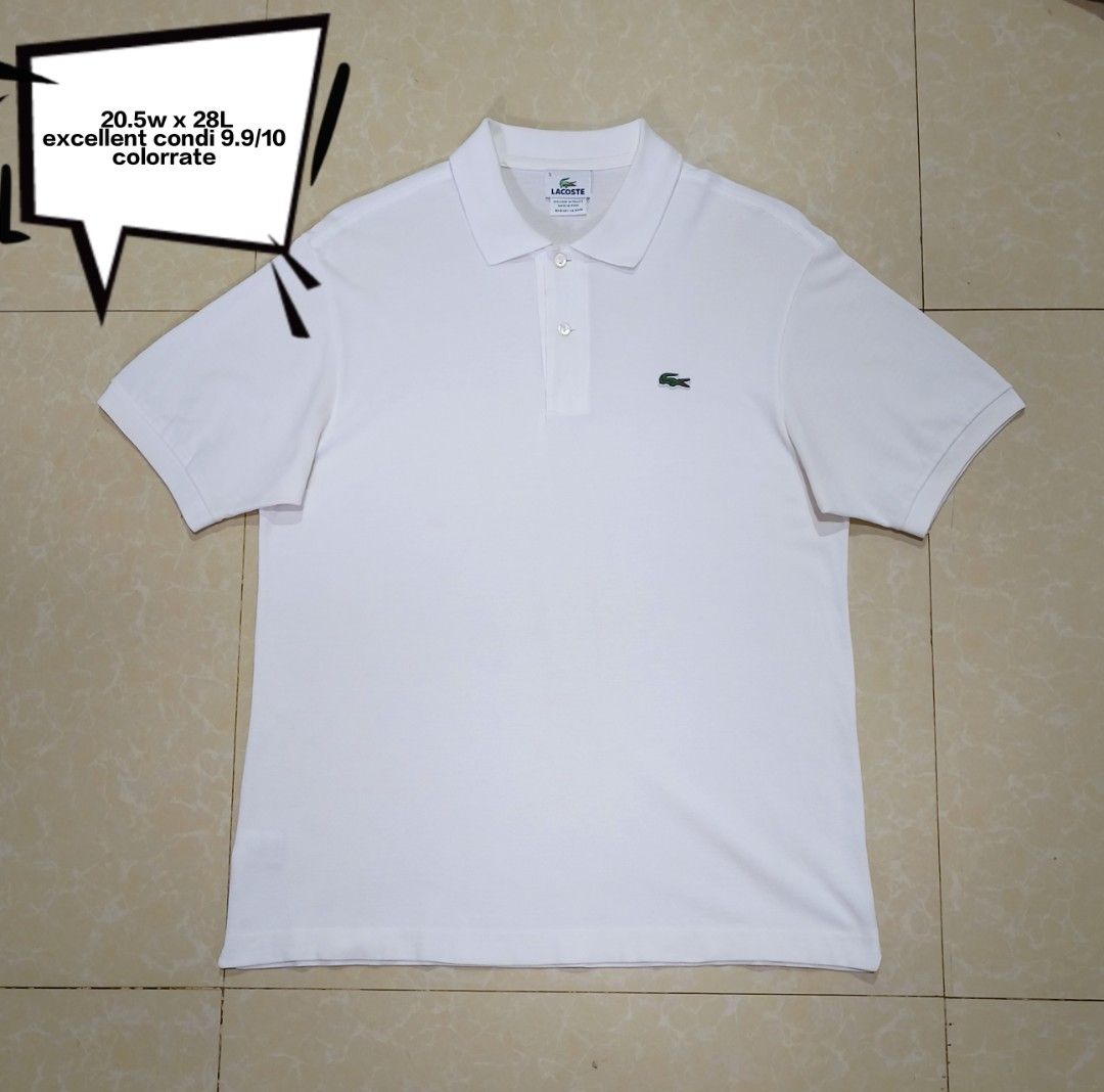 Lacoste White Polo Shirt Size 5 (Category: Tshirts & Polo Shirts ) located in Manila. Submitted by purefire-477a (Listing ID 1467852336, Image 1). Description: - Brand: Lacoste - Color: White - Size: 5 (Roughly 20.5" width x 28" length) - Details: Classic two-button placket with mother-of-pearl buttons, ribbed collar and armbands - Logo: Iconic embroidered green crocodile on the left chest - Origin: Designed in France, made in Peru - Condition: C