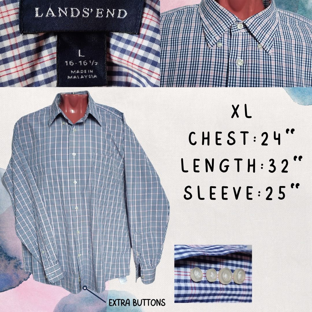 Lands' End Blue Red Plaid Button-Down Shirt - XL (Category: Tshirts & Polo Shirts ) located in Baguio. Submitted by abigailmyra (Listing ID 1467977799, Image 1). Description: - Brand: Lands' End - Style: Long sleeve button-down shirt - Pattern: Classic blue, red, and white plaid - Actual Measurements: Chest 24" | Length 32" | Sleeve 25" - Features: Standard collar, button cuffs, and extra buttons included inside the lower hem - Made in Malaysia.