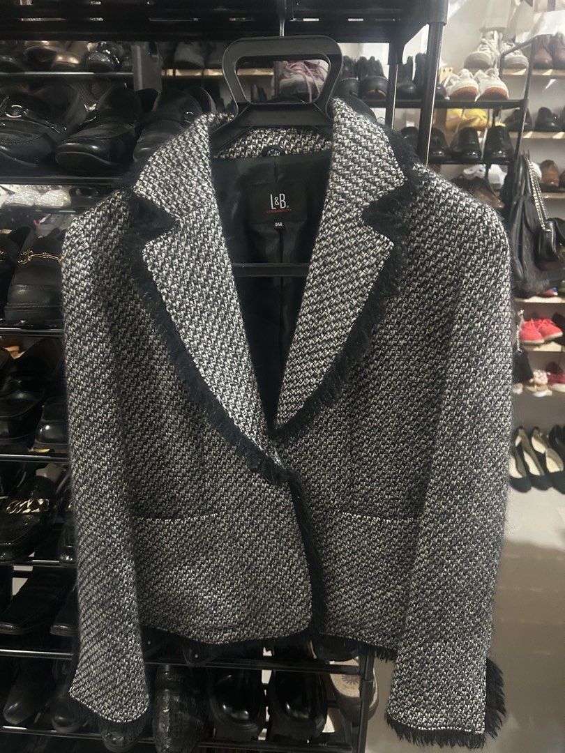 L&B tweed blazer (Category: Coats, Jackets and Outerwear) located in Cavite. Submitted by cecitrifthshop (Listing ID 1467895350, Image 1). Description: This is a black and white tweed blazer featuring a notched lapel with fringed trim and an inner tag from L&B Life & Beauty.small to meduim.