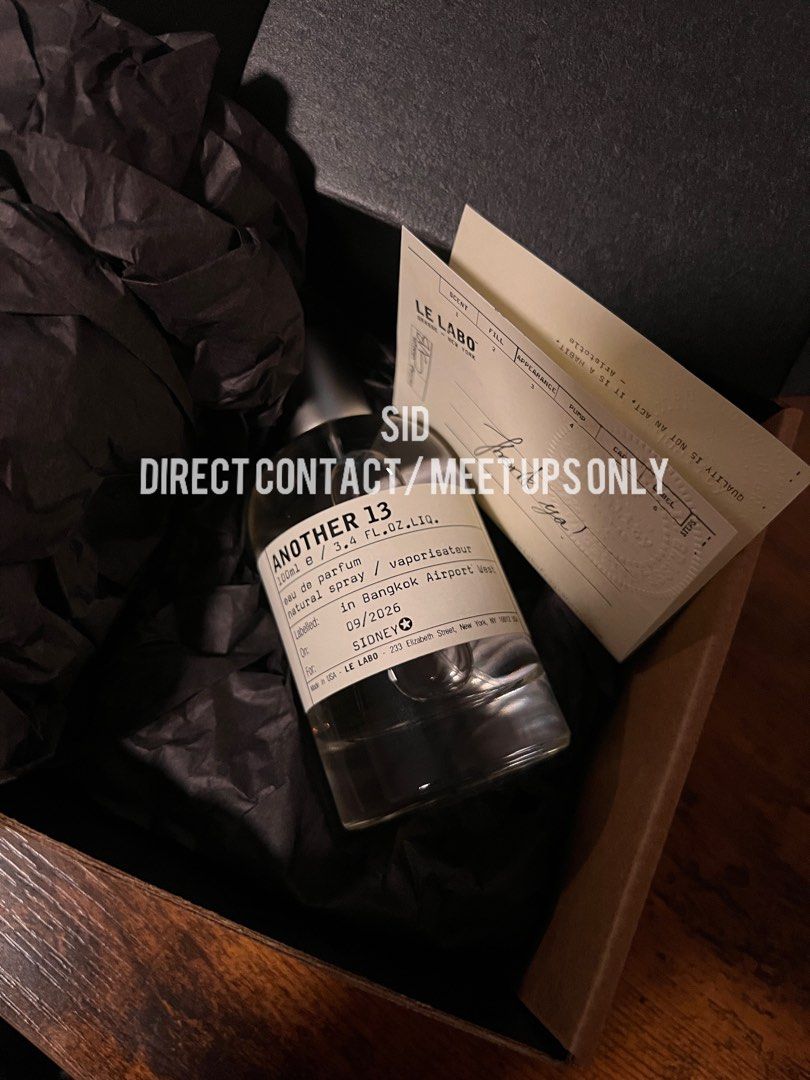 Le Labo Another 13 Eau de Parfum 100ml (Category: Fragrance & Deodorants) located in Quezon City. Submitted by sid_da_dude (Listing ID 1468044501, Image 1). Description: - Brand: Le Labo - Fragrance: Another 13 Eau de Parfum - Size: 100ml / 3.4 fl. oz. (Natural Spray Vaporizer) - Packaging: Includes original cardboard box with dark tissue paper lining - Personalization: Bottle label is customized with the name "Sidney" - Origin: Made in Bangkok A