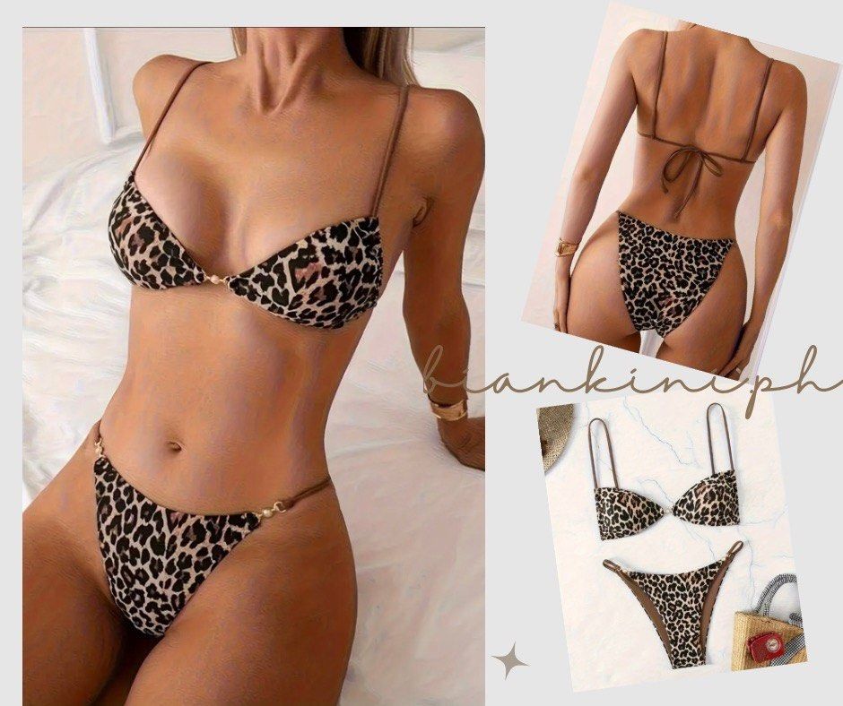 Leopard Print Bikini Set with Thin Straps (Category: Bikinis & Swimsuits) located in Las Pinas. Submitted by kathybianca (Listing ID 1467883110, Image 1). Description: - Trendy leopard print two-piece swimsuit - Triangle top with adjustable thin straps and back tie closure for a custom fit - Matching low-rise bottoms accented with chic side hardware details - Ideal for lounging by the pool or making a statement at the beach - Brand new and ready 