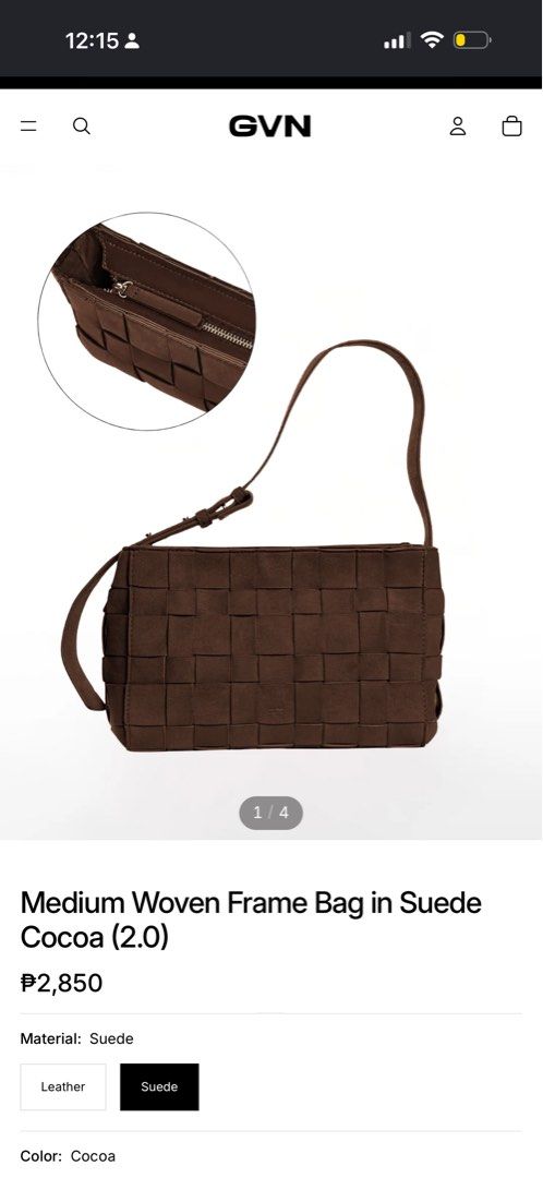 LF: GVN Medium Woven Frame Bag in Suede Cocoa (2.0) (Category: Shoulder Bags) located in San Juan City. Submitted by candycane27 (Listing ID 1467872191, Image 1). Description: - Brand/Model: GVN Medium Woven Frame Bag - Color/Material: Rich Cocoa Brown Suede - Design: Chic all-over woven texture with a structured frame - Storage: Includes a convenient zippered inner compartment - Strap: Adjustable shoulder strap for a customized fit - Condition: 