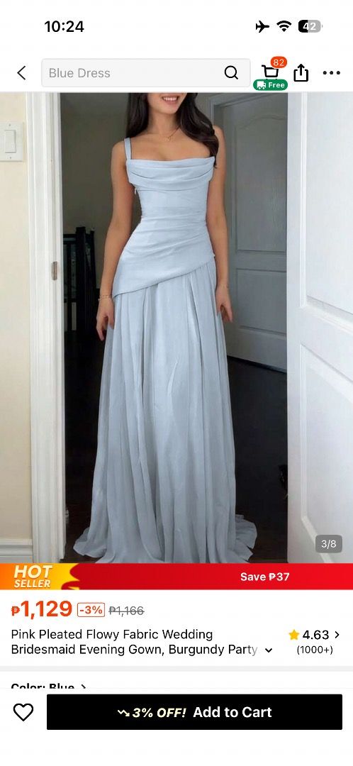 Light Blue Evening Gown (Category: Evening dresses & gowns) located in Manila. Submitted by moriahgai51692 (Listing ID 1467858563, Image 2). Description: Hi! I'm selling brand new Shein Blue Gown/Dress. 👗 - Color: Light blue - Material: Lightweight flowing chiffon (maxi length) - Design: Elegant cowl neckline with artful bodice pleating - Fit: Adjustable lace-up back closure - Condition: Brand New - RFS: Dalawa naorder ko na same dress 😭 Locati