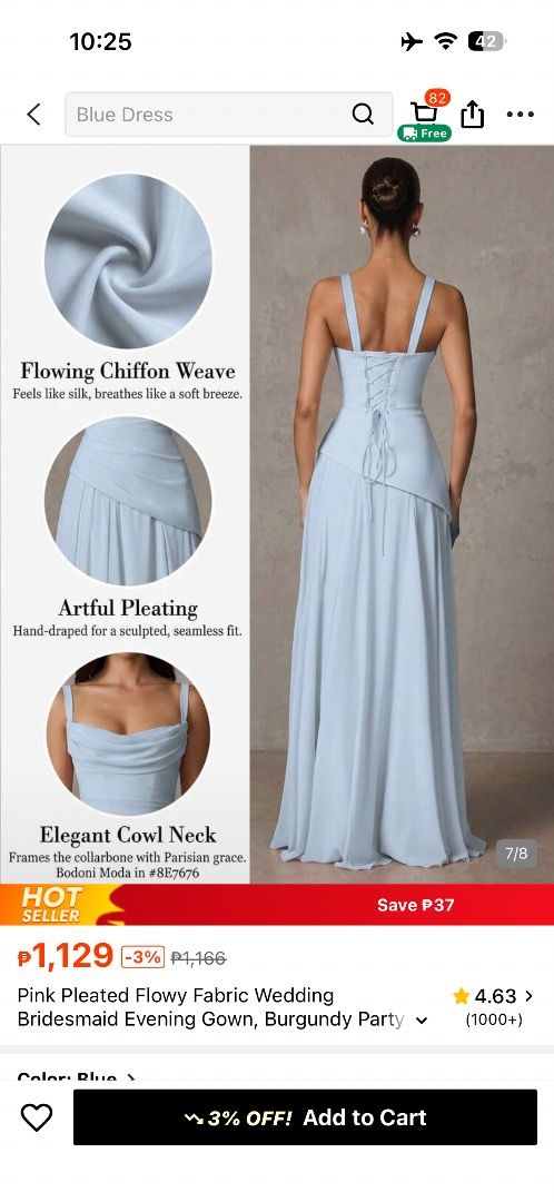 Light Blue Evening Gown (Category: Evening dresses & gowns) located in Manila. Submitted by moriahgai51692 (Listing ID 1467858563, Image 3). Description: Hi! I'm selling brand new Shein Blue Gown/Dress. 👗 - Color: Light blue - Material: Lightweight flowing chiffon (maxi length) - Design: Elegant cowl neckline with artful bodice pleating - Fit: Adjustable lace-up back closure - Condition: Brand New - RFS: Dalawa naorder ko na same dress 😭 Locati