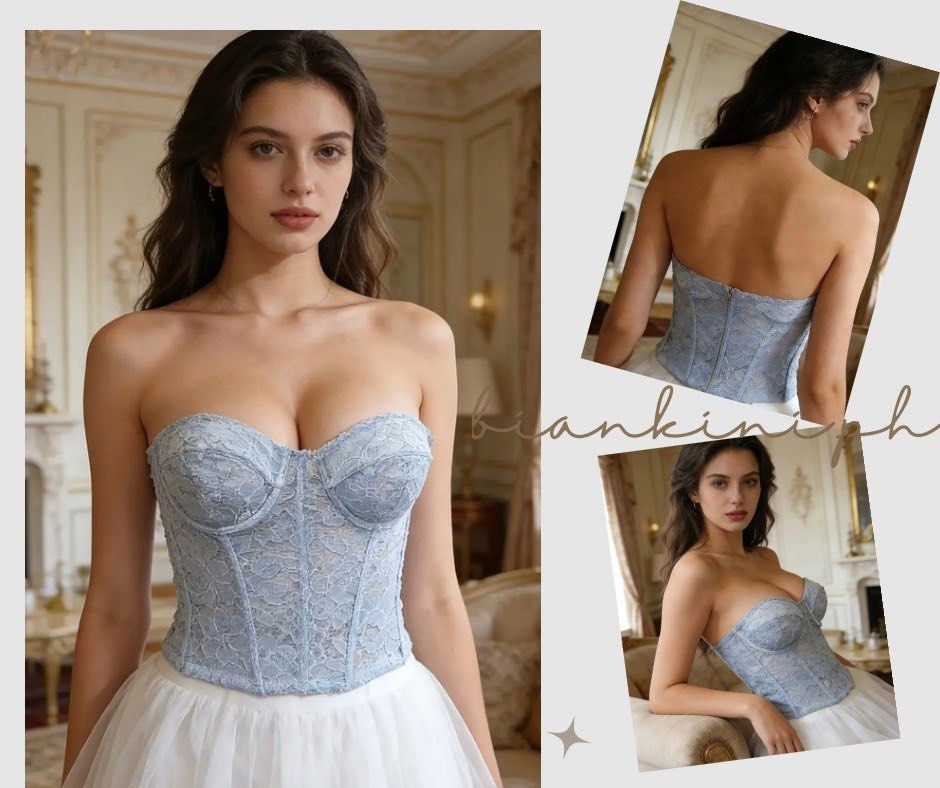 Light Blue Lace Strapless Corset Top (Category: Sleeveless) located in Las Pinas. Submitted by kathybianca (Listing ID 1467881072, Image 1). Description: - Color: Light blue - Style: Strapless lace corset top with structured molded cups - Features: Boning throughout front and back for shaping, exposed zipper closure at the back - Condition: Worn once for a photoshoot, zero flaws - Styling tip: Pairs great with a white tulle skirt or high-waisted 