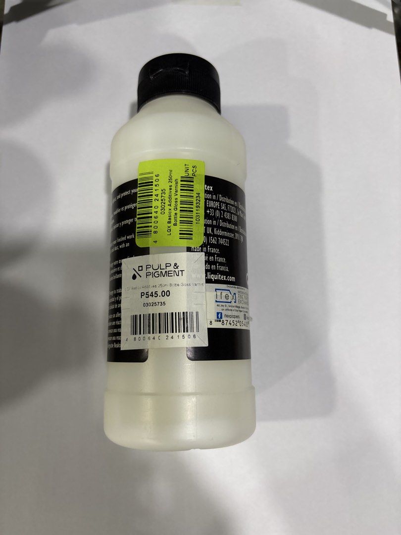 Liquitex Basics Gloss Varnish 250ml (Category: Makeup) located in Mandaluyong City. Submitted by clothescarousel (Listing ID 1467956179, Image 2). Description: - Item: Liquitex Basics Gloss Varnish - Size: 250ml bottle - Condition: Brand new, unused, with original Pulp & Pigment price sticker attached - Purpose: Protects acrylic paintings and provides a brilliant glossy finish - Perfect for beginner and professional artists alike.