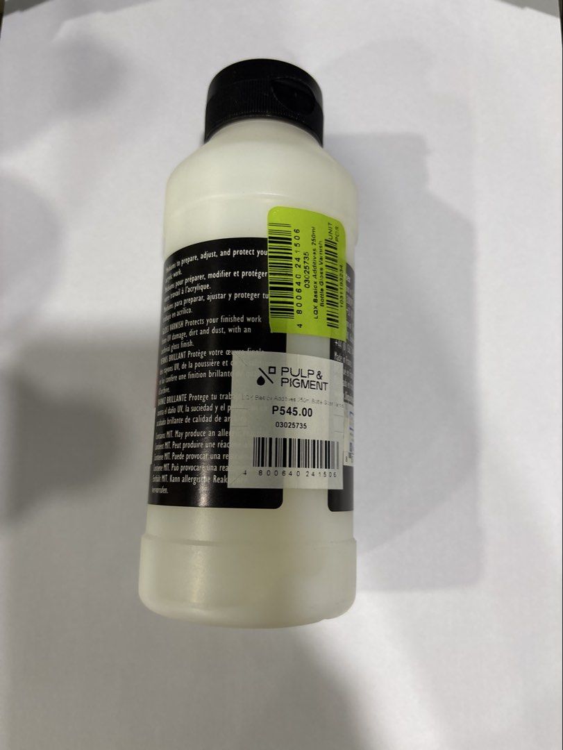 Liquitex Basics Gloss Varnish 250ml (Category: Makeup) located in Mandaluyong City. Submitted by clothescarousel (Listing ID 1467955634, Image 2). Description: - Item: Liquitex Basics Acrylic Gloss Varnish - Size: 250ml bottle - Condition: Brand new, unopened, with original store price tag still attached - Protection: Guards finished artwork against UV rays, dirt, and dust - Finish: Dries to a durable, glossy shine.