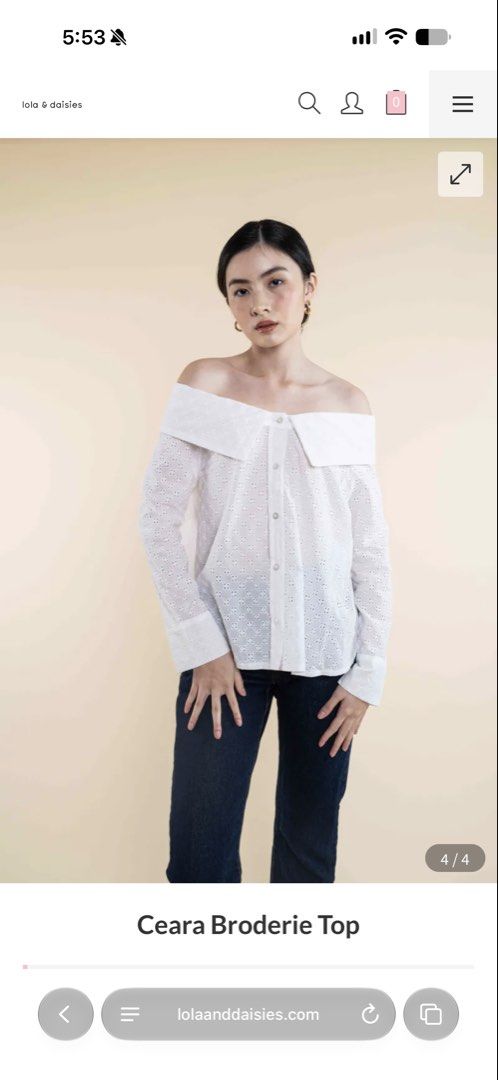 lola & daisies off shoulder top (Category: Blouses) located in Quezon City. Submitted by meowww000 (Listing ID 1467932176, Image 1). Description: - Brand: Lola & Daisies - Style: Ceara Broderie Eyelet Top - Color: Clean White - Size: Small (S) - Design: Off-shoulder foldover collar, button-down front, and long sleeves - Details: All-over intricate cutout embroidery patterns - Origin: Made in the Philippines - Condition: Excellent / Ready to ship.