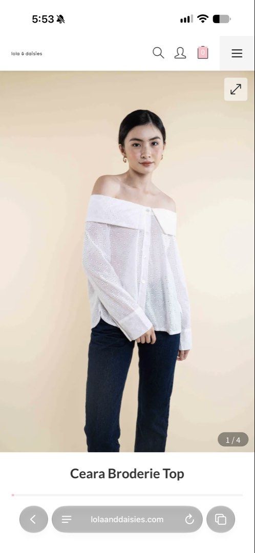 lola & daisies off shoulder top (Category: Blouses) located in Quezon City. Submitted by meowww000 (Listing ID 1467932176, Image 2). Description: - Brand: Lola & Daisies - Style: Ceara Broderie Eyelet Top - Color: Clean White - Size: Small (S) - Design: Off-shoulder foldover collar, button-down front, and long sleeves - Details: All-over intricate cutout embroidery patterns - Origin: Made in the Philippines - Condition: Excellent / Ready to ship.