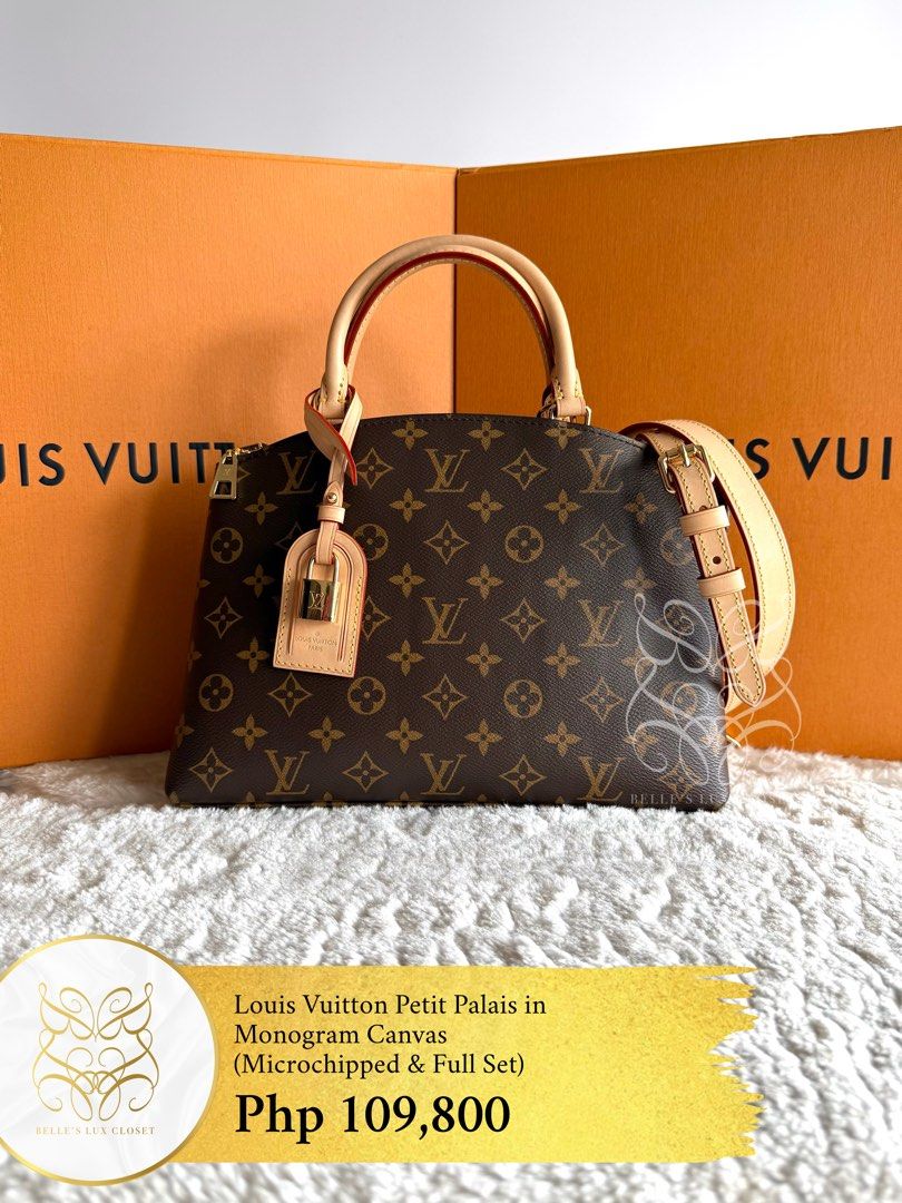 Louis Vuitton Petit Palais in Monogram Canvas (Category: Luxury Bags & Wallets) located in Paranaque City. Submitted by belles_lux_closet (Listing ID 1467914366, Image 1). Description: AUTHENTIC PETIT PALAIS IN MONOGRAM CANVAS (Microchipped & Full Set) ✅ 100% Guaranteed Authentic ✅ Excellent Condition, Rank A ✅ Microchipped ✅ Comes with long adjustable strap, luggage tag, lock set, dust bag, box, and paper bag! ✅ Legit seller ✅ Retails at ~Php 19