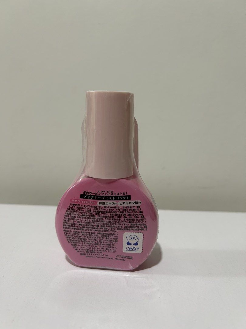 Lovisia Kirby Face Mist (Category: Makeup) located in Rizal. Submitted by CMaeCAme (Listing ID 1467956271, Image 2). Description: (01 Cherry Blossom / Sakura), a Japanese setting and hydrating facial spray featuring a pink Kirby design.