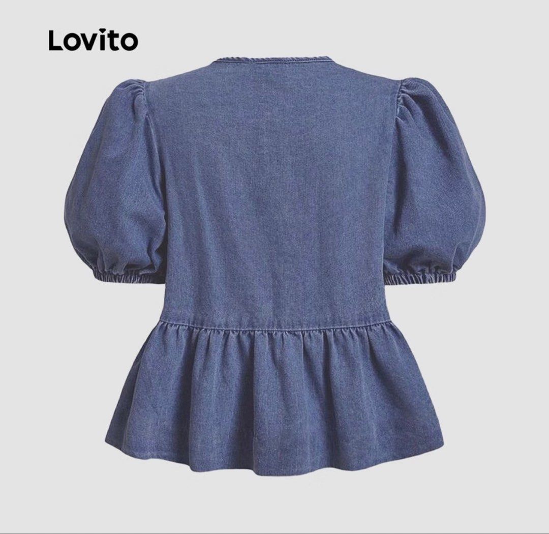Lovito Denim Bow Front Peplum Blouse (Category: Blouses) located in Cebu City. Submitted by via_xoxo (Listing ID 1467997653, Image 2). Description: - Brand/Style: Lovito denim blouse in a dark blue wash - Sleeves: Short puff sleeves - Neckline: Round neck with button-down front - Accents: Three adorable tied bow details on the front - Fit: Structured silhouette with a flared peplum hem - Back: Solid design - Condition: Brand new / Excellent quali