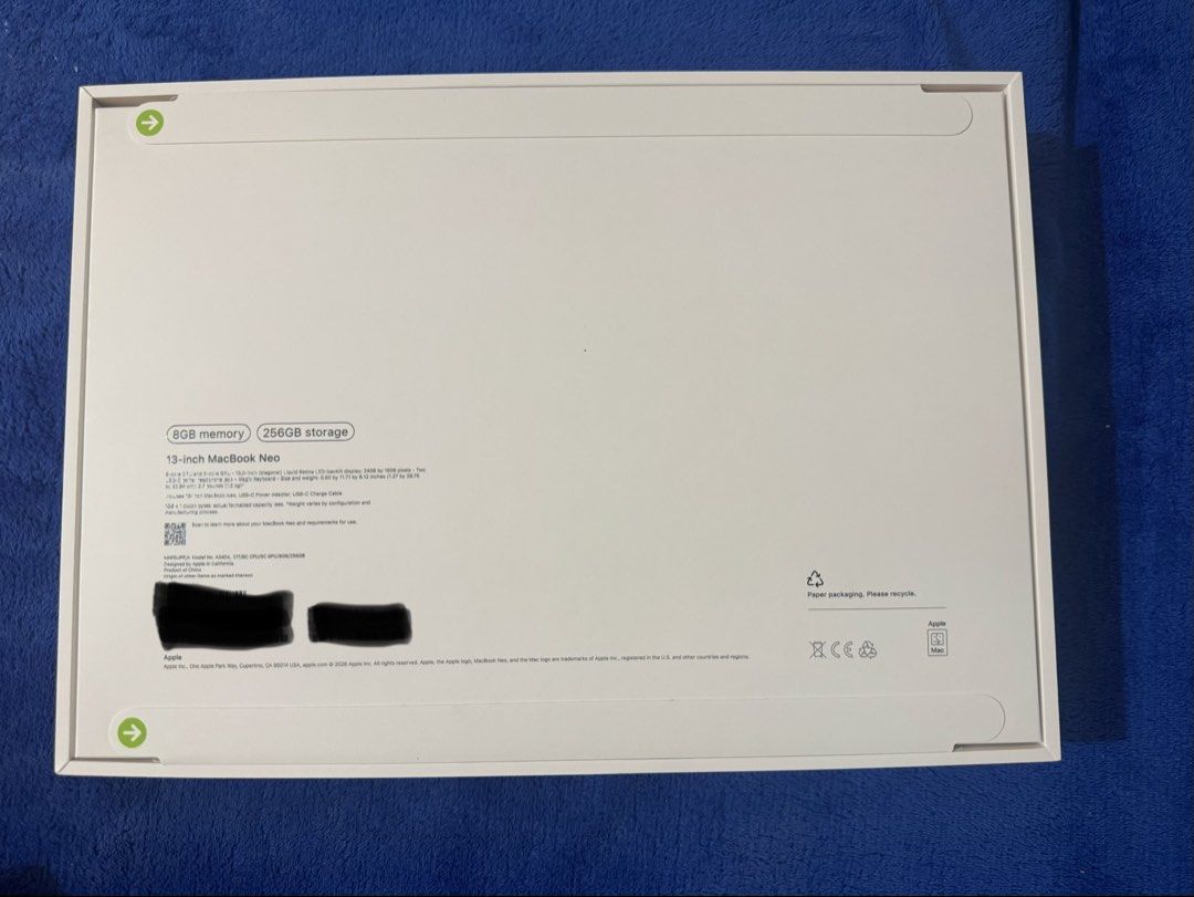 Macbook Neo (Category: Laptops & Notebooks) located in Quezon City. Submitted by jomilbryan.fernandez (Listing ID 1467966117, Image 2). Description: - Macbook Neo - Condition: Brand new, unopened box, 100% sealed - Memory: 8GB RAM - Colors available: Yellow - Storage: 256GB SSD - Packaging: Original packaging fully intact - Rushed sale, message for fast transactions!.