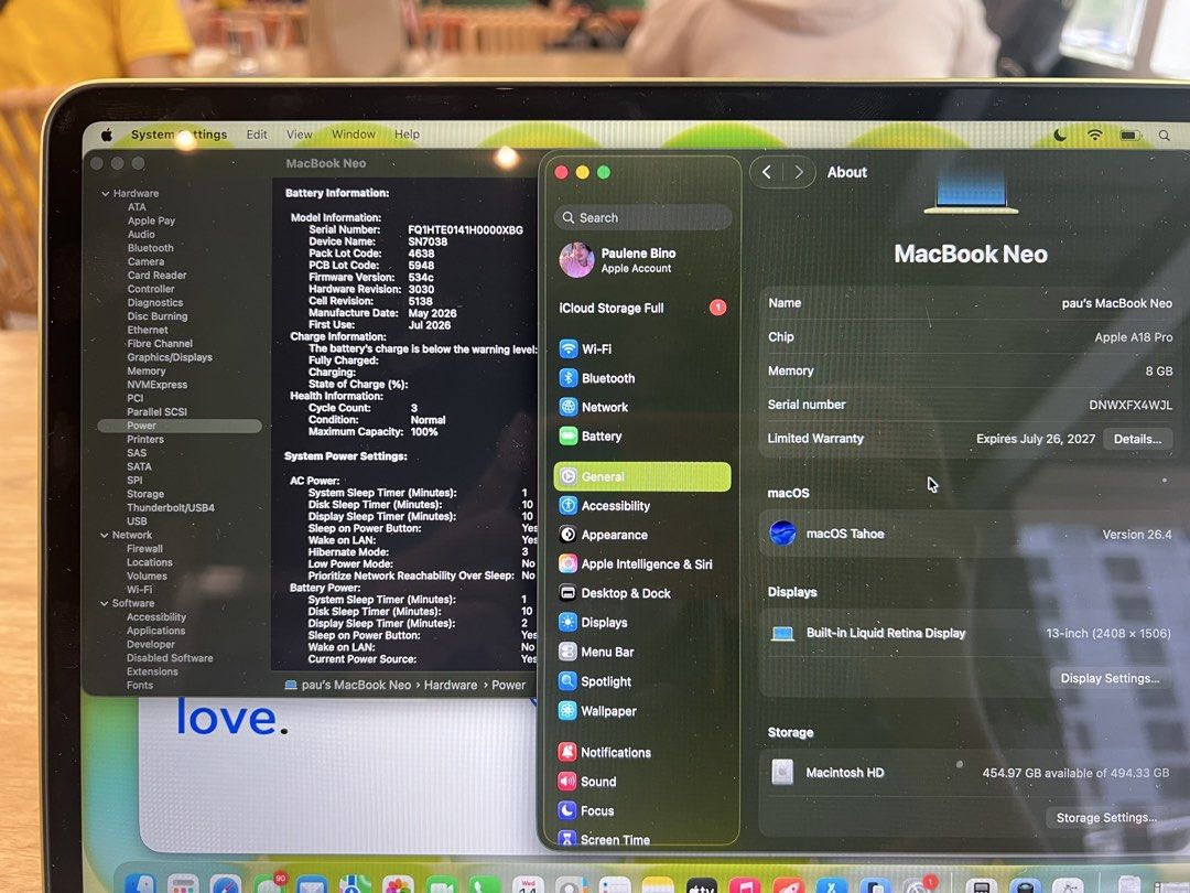 MACBOOK NEO 8/512 (Category: Laptops & Notebooks) located in Manila. Submitted by minjifan (Listing ID 1467873338, Image 3). Description: ౨ৎ macbook neo 8/512 w/ touch id ౨ৎ •✅no issues! •✅complete with box and orig charger •✅100% battery health! •✅only 3 cycle count ౨ৎ price: P40,000 only ౨ৎ loc/meetup: SM Aura rfs: need cash .
