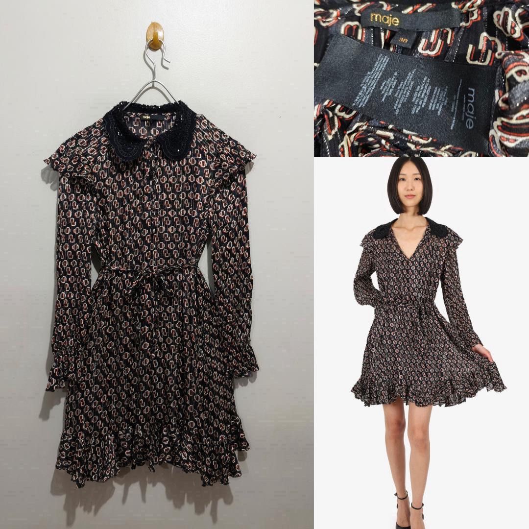 MAJE METALLIC MONOGRAM COLLARED DRESS (Category: Dresses) located in Quezon City. Submitted by fashionblvdph02 (Listing ID 1467973802, Image 1). Description: size 38 on tag; fits up to large waist 38”; length 37” with adjustable belt HIGH QUALITY.