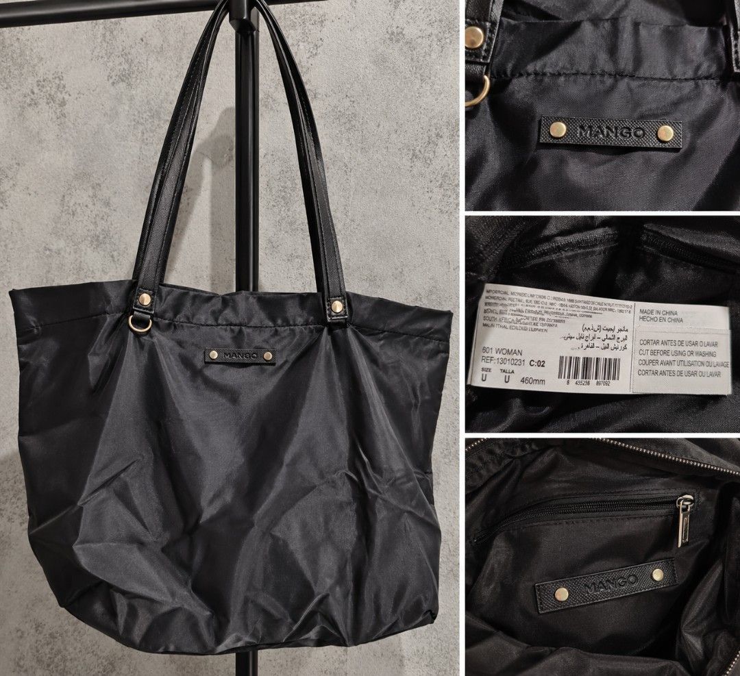 Mango Black Nylon Tote Bag (Category: Tote Bags) located in Taguig. Submitted by roniquefinds (Listing ID 1467864412, Image 1). Description: - Brand: Mango - Condition: Brand new with tags (Ref: 13010231) - Material: Durable black nylon with gold-tone hardware - Design: Spacious main compartment with inner zip pocket and branded logo plaque - Straps: Comfortable double shoulder straps - Free coin purse - Origin: Made in China.