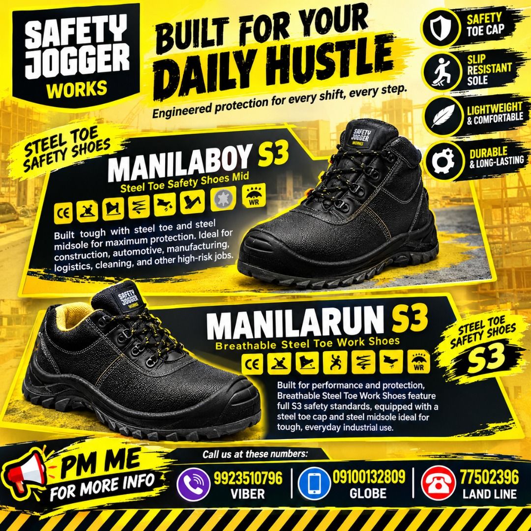 MANILA BOY S3 SAFETY SHOES (Category: Home Improvement Tools & Accessories) located in Pasig City. Submitted by cruzmia.825 (Listing ID 1467845567, Image 1). Description: ✅ Guaranteed lowest price ✅ Quality products ✅ Big discount for bulk orders ✅ 100% LEGIT TRUSTED SUPPLIER! ✅ With Complete Legal Documents ✅ BIR Registered We Supply All Kinds Of PPE Supplies, Raincoat, Hard Hat, Cooler Box, Plastic Trash Bin, Road Barriers, Kayak Boats, Crystal