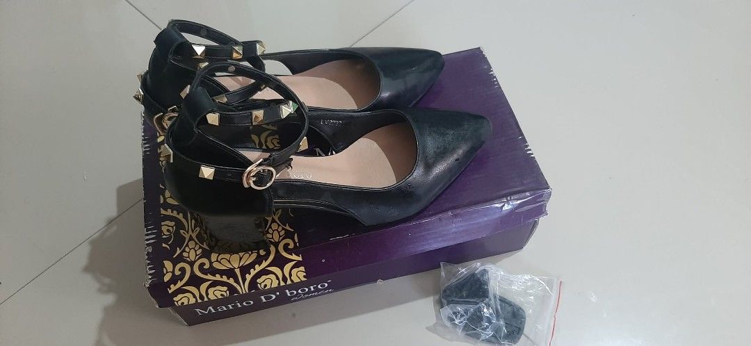 Mario D'boro Black Studded Ankle Strap Heels (Category: Heels) located in Baguio. Submitted by fiercepenguin.7cad8d (Listing ID 1467966704, Image 3). Description: - Brand: Mario D'boro - Style: Black pointed-toe heels with chunky block heels - Details: Double ankle straps with gold-tone pyramid studs and buckle closures - Size: Check size details inside the shoe - Condition: Worn once, clean soles, great leather condition - Inclusions: Original p