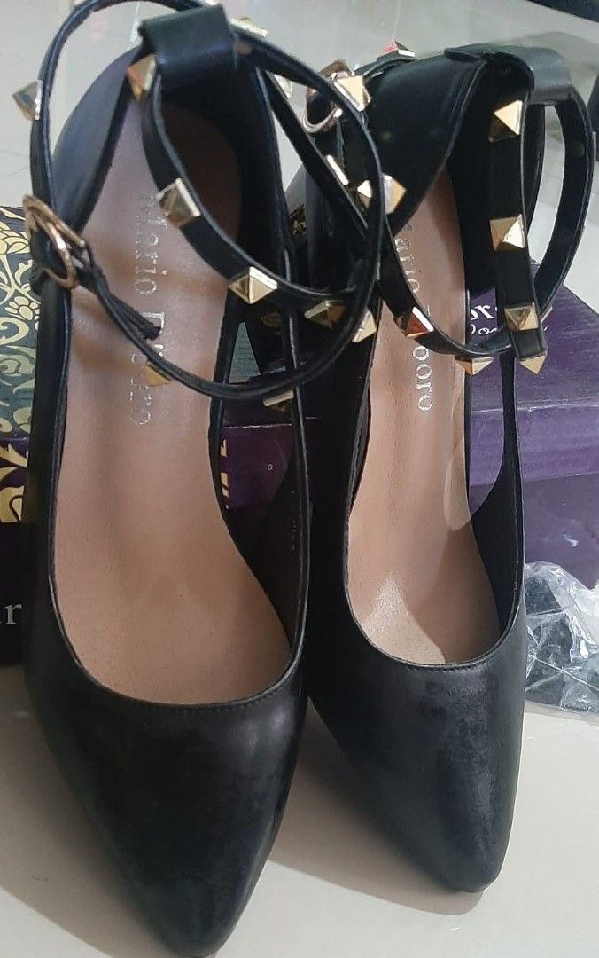 Mario D'boro Black Studded Ankle Strap Heels (Category: Heels) located in Baguio. Submitted by fiercepenguin.7cad8d (Listing ID 1467966704, Image 2). Description: - Brand: Mario D'boro - Style: Black pointed-toe heels with chunky block heels - Details: Double ankle straps with gold-tone pyramid studs and buckle closures - Size: Check size details inside the shoe - Condition: Worn once, clean soles, great leather condition - Inclusions: Original p