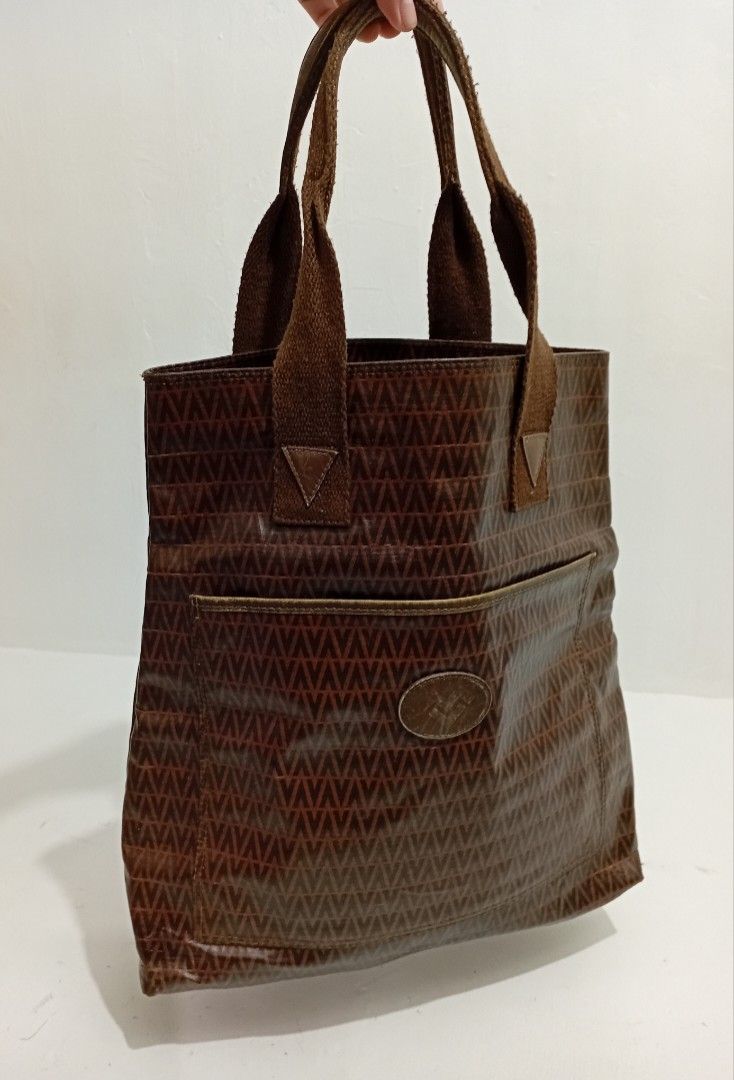 Mario Valentino Monogram Brown Tote Bag (Category: Luxury Bags & Wallets) located in Manila. Submitted by eriiicaspage (Listing ID 1467882345, Image 1). Description: PreOwned Lightly Used Authentic Mario Valentino brown tote bag with classic repeating V monogram pattern - Made in Italy with structured shape that holds up very well - Features comfortable double fabric shoulder straps with minor wear - Convenient exterior slip pocket for quick acce