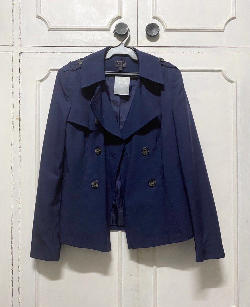 Marks & Spencer Ivy League Style Preppy Style Dark Academia Navy Blue Double Breasted Double Buttoned Short Trench Coat Blazer Jacket (Category: Coats, Jackets and Outerwear) located in Quezon City. Submitted by madame_royale (Listing ID 1467987012, Image 2). Description: Measurements: in inches Shoulder > 15” Chest > 18.5” Sleeves > 24” Length > 24” - Brand: Marks & Spencer - Color: Classic navy blue - Size: UK 6 / EUR 34 / CN 155/80A - Conditio