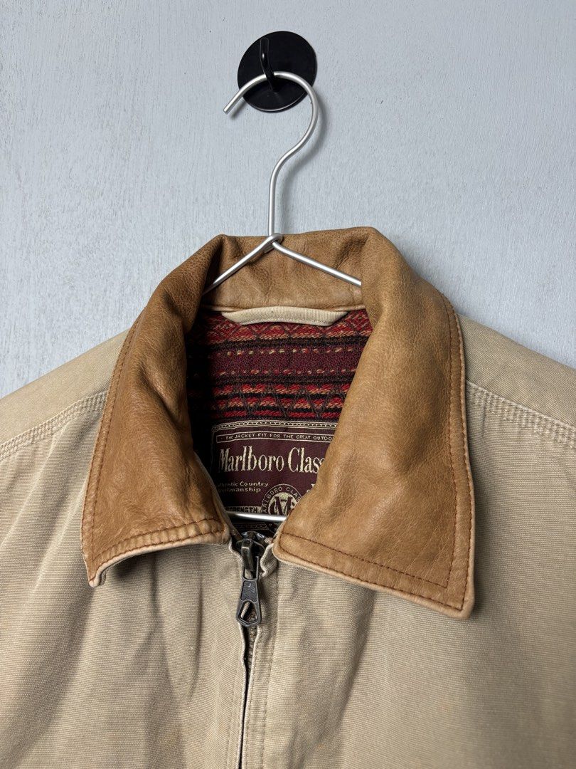 Marlboro Classics Leather Collar Aztec Lining Harrington Jacket (Category: Coats, Jackets and Outerwear) located in Mandaluyong City. Submitted by fellas_ph (Listing ID 1467940545, Image 2). Description: Excellent condition No issues Size S-M 21" Width 25" Length 17" Shoulders 26" Sleeve Length.