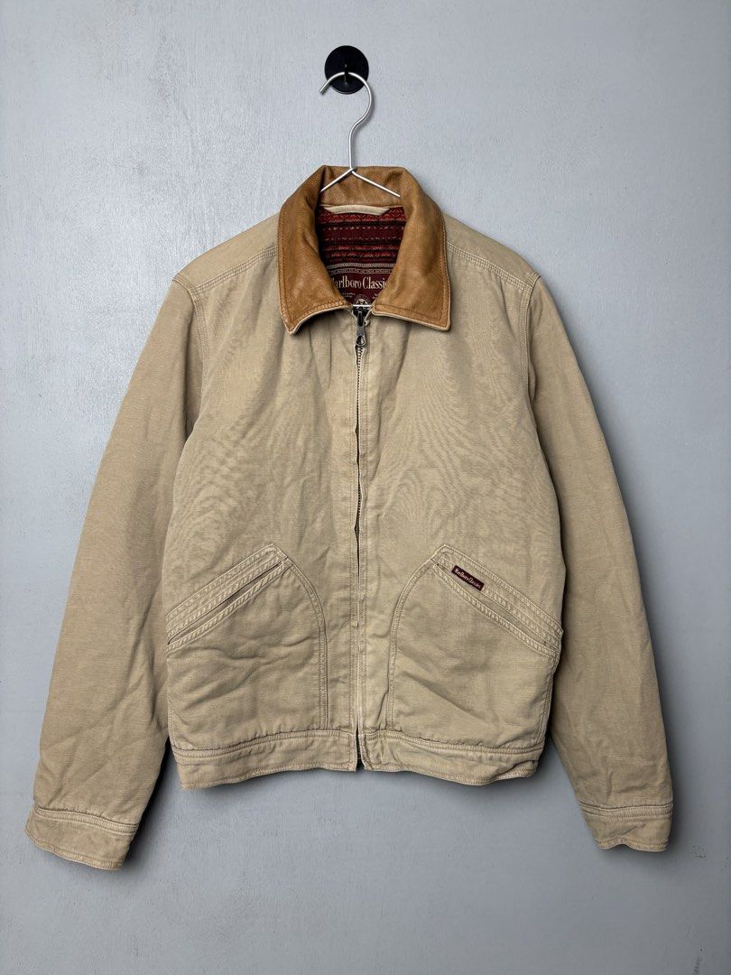 Marlboro Classics Leather Collar Aztec Lining Harrington Jacket (Category: Coats, Jackets and Outerwear) located in Mandaluyong City. Submitted by fellas_ph (Listing ID 1467940545, Image 1). Description: Excellent condition No issues Size S-M 21" Width 25" Length 17" Shoulders 26" Sleeve Length.