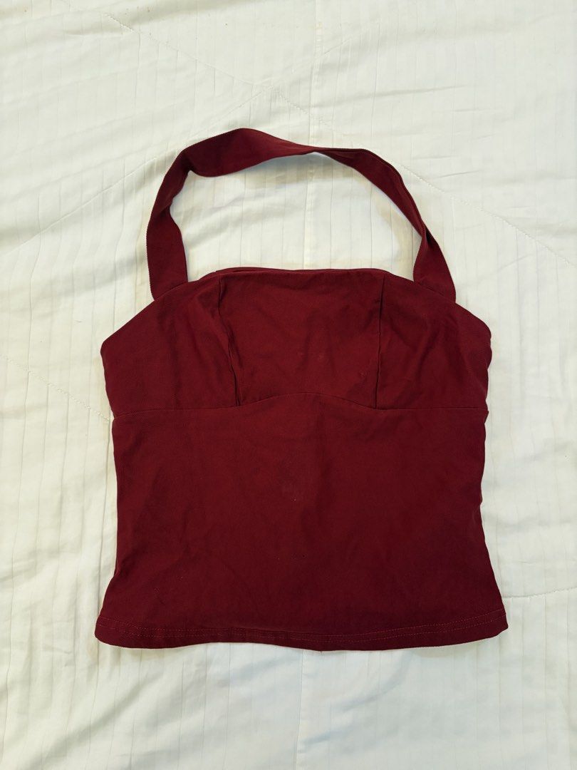 Maroon Halter Neck Crop Top (Category: Sleeveless) located in Dasmarinas. Submitted by littleczarmer (Listing ID 1467975652, Image 1). Description: - Color: Deep maroon - fits 26-28 in waist - used once.