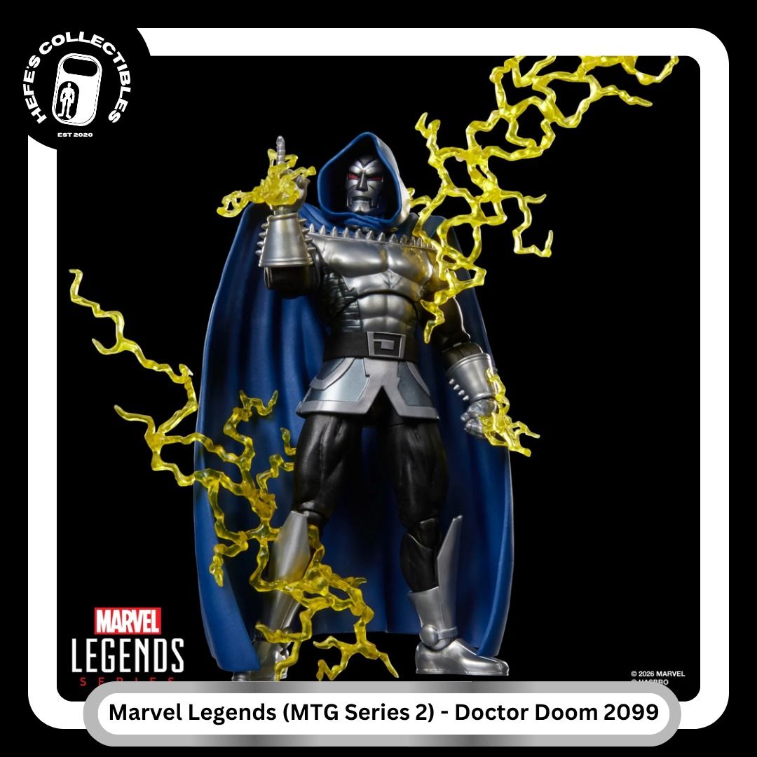 Marvel Legends MTG Series 2 Doctor Doom 2099 (Category: Figurines & Statues) located in Malabon City. Submitted by hefescollectibles (Listing ID 1467905967, Image 3). Description: - Character: Doctor Doom 2099 (Marvel Legends x Magic The Gathering series) - Design: Fully articulated figure in metallic silver armor with a deep blue cape and hood - Accessories: Includes interchangeable hands and lightning FX effects - Bonus: Comes with an exclusive