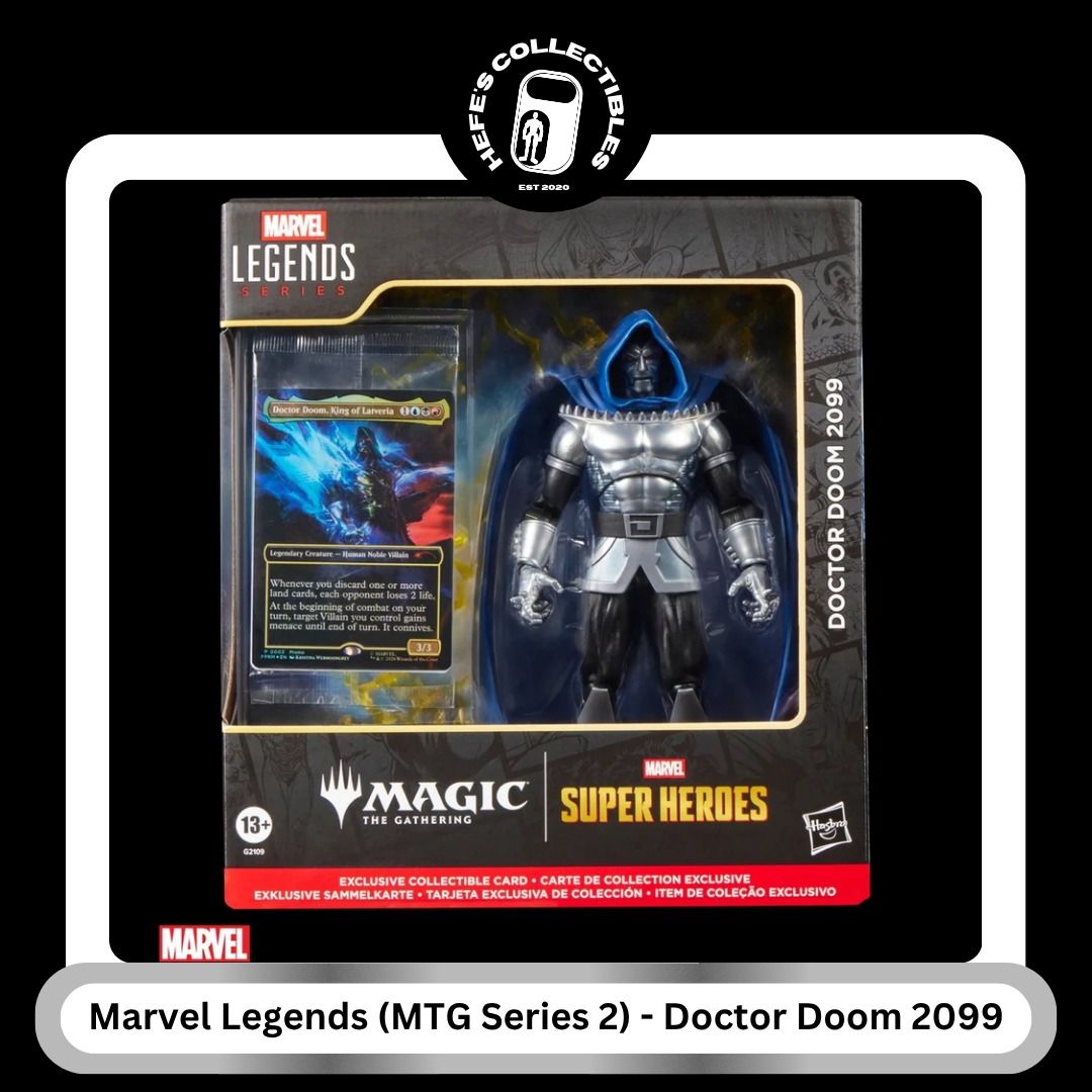 Marvel Legends MTG Series 2 Doctor Doom 2099 (Category: Figurines & Statues) located in Malabon City. Submitted by hefescollectibles (Listing ID 1467905967, Image 1). Description: - Character: Doctor Doom 2099 (Marvel Legends x Magic The Gathering series) - Design: Fully articulated figure in metallic silver armor with a deep blue cape and hood - Accessories: Includes interchangeable hands and lightning FX effects - Bonus: Comes with an exclusive