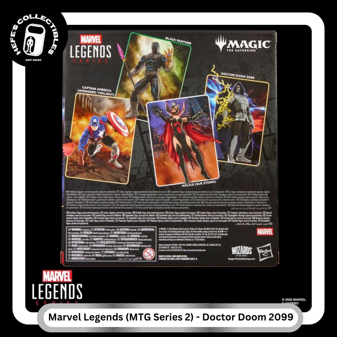 Marvel Legends MTG Series 2 Doctor Doom 2099 (Category: Figurines & Statues) located in Malabon City. Submitted by hefescollectibles (Listing ID 1467905967, Image 2). Description: - Character: Doctor Doom 2099 (Marvel Legends x Magic The Gathering series) - Design: Fully articulated figure in metallic silver armor with a deep blue cape and hood - Accessories: Includes interchangeable hands and lightning FX effects - Bonus: Comes with an exclusive