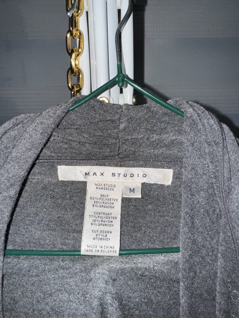 Max Studio Gray Open Front Cardigan Medium (Category: Coats, Jackets and Outerwear) located in La Trinidad. Submitted by prelovedandfindsbyji (Listing ID 1467928961, Image 2). Description: - Brand: Max Studio - Size: Medium - Color: Gray - Style: Draped open-front with trendy handkerchief hem and long sleeves - Material: Self (62% polyester, 33% rayon, 5% spandex); Contrast (77% polyester, 18% rayon, 5% spandex) - Condition: Lightweight layering 