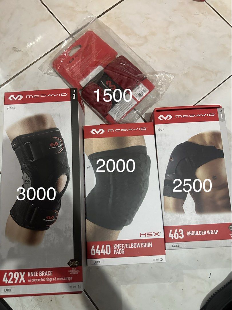 McDavid Knee Brace, Hex Pads, Shoulder Wrap, Wrist Wraps (Category: Braces, Support & Protection) located in Manila. Submitted by cresente_navares (Listing ID 1468055662, Image 1). Description: Authentic McDavid Athletic Supports - Available Individually or Bundle! - Condition: Brand new in original boxes - Model 429X Hinged Knee Brace (Size Large): ₱3,000 - Model 6440 Hex Knee/Elbow/Shin Pads (Size Large): ₱2,000 - Model 463 Shoulder Wrap (Size 
