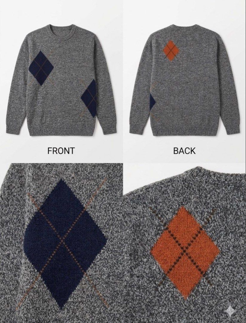 Men's Grey Argyle Crewneck Sweater - Textured Knit Pullover (Category: Coats, Jackets and Outerwear) located in Manila. Submitted by jeymzeruuu (Listing ID 1467948262, Image 1). Description: - Design - Features a classic grey heathered base with distinctive, oversized diamond (argyle) patterns in contrasting navy and burnt orange. - Style - Modern crewneck design with a comfortable, relaxed fit. - Details - The sweater showcases intricate knit te