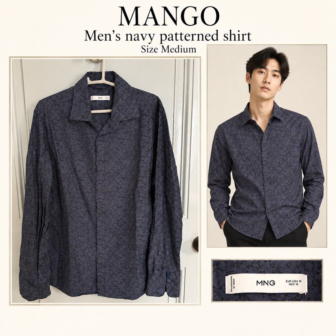 Men’s MANGO long-sleeved shirt (Category: Formal Shirts) located in Makati City. Submitted by shoppingandthecity (Listing ID 1468012336, Image 1). Description: Men’s MANGO patterned shirt Dark navy long-sleeve shirt with a subtle tonal pattern, button front and classic collar. Easy to pair with jeans or tailored trousers. Size Medium — only ₱500!.
