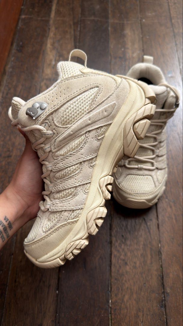 Merrell Beige Hiking Shoes (Category: Sneakers) located in Pasig City. Submitted by _missdee (Listing ID 1467878229, Image 3). Description: Size 36 talaga Used only once in MT Pulag Very comfy to wear - Brand: Merrell - Color: Beige - Material: Mesh and suede panels - Outsole: Vibram rubber with solid traction - Hardware: Metal lace hooks at the top - Comfort: Padded collar and heel pull tab - Condition: Clean insoles, very minor wear on treads, 