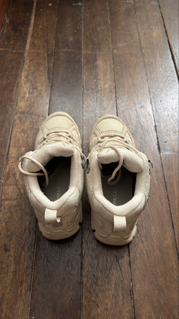 Merrell Beige Hiking Shoes (Category: Sneakers) located in Pasig City. Submitted by _missdee (Listing ID 1467878229, Image 2). Description: Size 36 talaga Used only once in MT Pulag Very comfy to wear - Brand: Merrell - Color: Beige - Material: Mesh and suede panels - Outsole: Vibram rubber with solid traction - Hardware: Metal lace hooks at the top - Comfort: Padded collar and heel pull tab - Condition: Clean insoles, very minor wear on treads, 