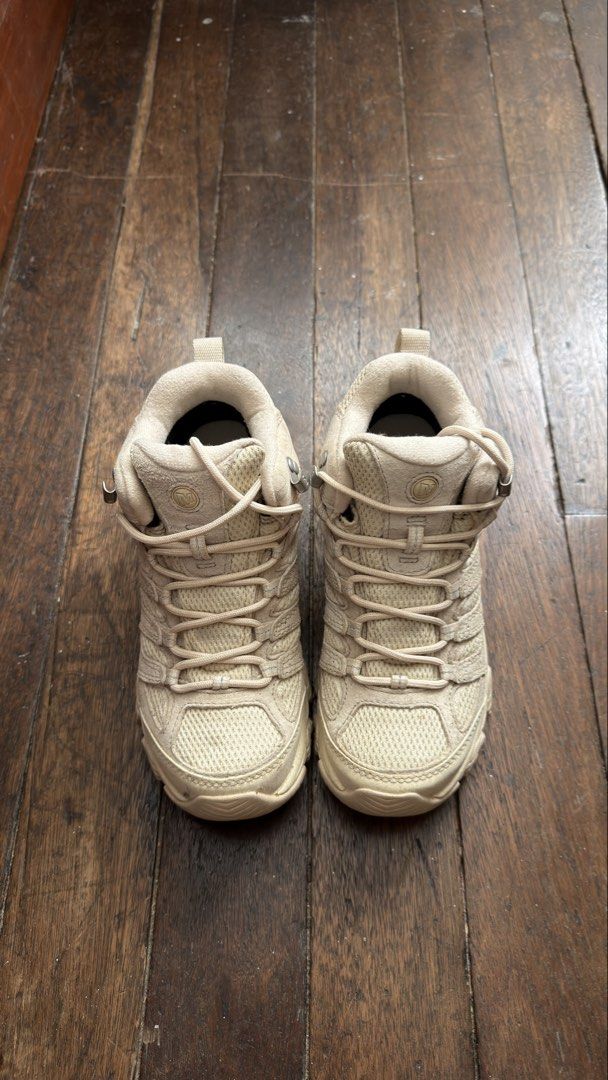 Merrell Beige Hiking Shoes (Category: Sneakers) located in Pasig City. Submitted by _missdee (Listing ID 1467878229, Image 1). Description: Size 36 talaga Used only once in MT Pulag Very comfy to wear - Brand: Merrell - Color: Beige - Material: Mesh and suede panels - Outsole: Vibram rubber with solid traction - Hardware: Metal lace hooks at the top - Comfort: Padded collar and heel pull tab - Condition: Clean insoles, very minor wear on treads, 