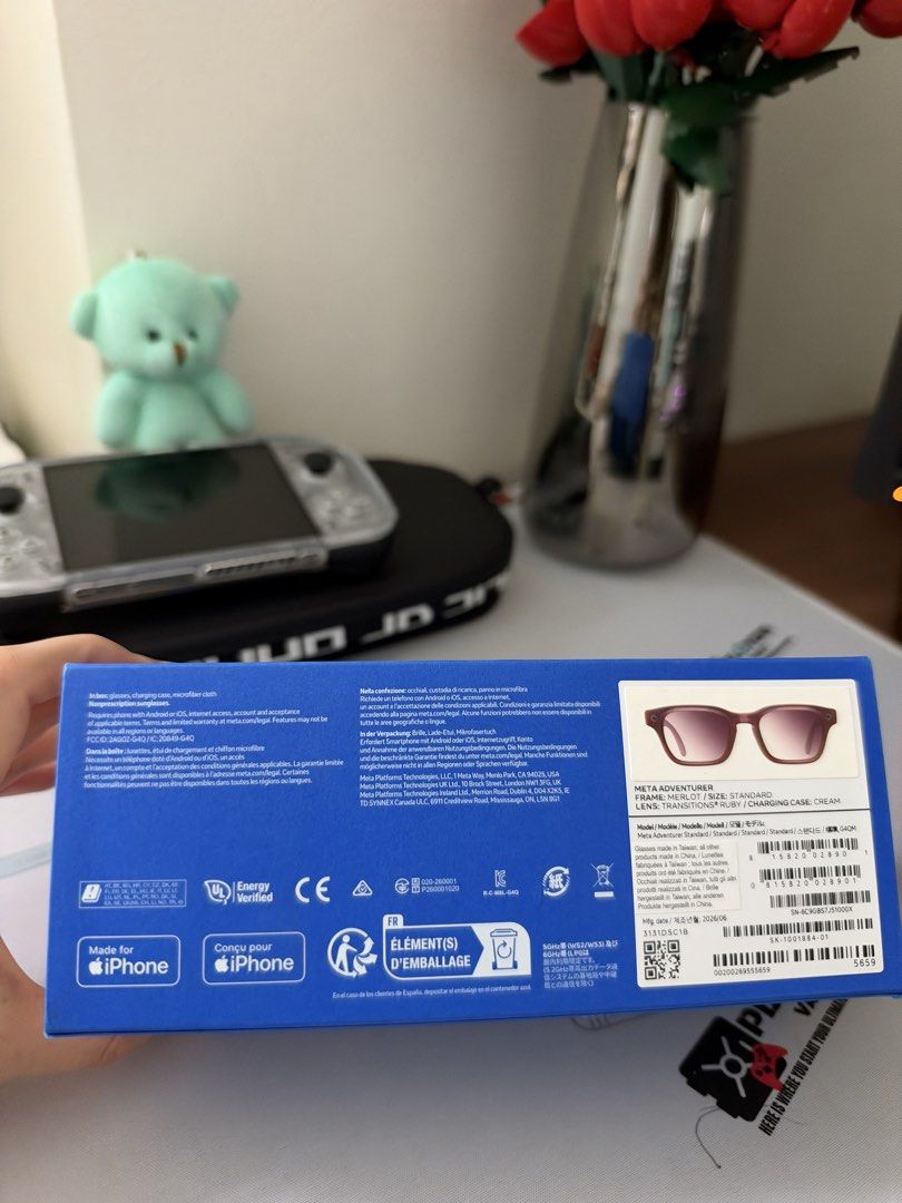 Meta Adventurer Smart Glasses Ruby Transitions Charging Case (Category: Sunglasses & Eyewear) located in Quezon City. Submitted by everythingInternational (Listing ID 1467842376, Image 2). Description: - Brand: Meta Adventurer Smart Glasses - Condition: Brand new, unopened, full retail box set - Frame Color & Size: Merlot, Standard - Lenses: Ruby transitions - Included: Cream charging case - Reason for selling: buying another style.