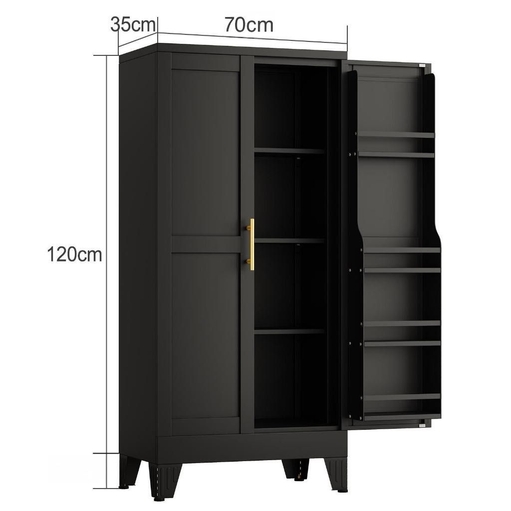 Metal Kitchen Pantry Cabinet (Category: Shelves, Cabinets & Racks) located in Caloocan City. Submitted by elramiera (Listing ID 1467901712, Image 1). Description: - Sleek matte black storage cabinet with modern gold-toned handles and elegant raised legs - Compact dimensions: 70cm (W) x 35cm (D) x 120cm (H) - Maximized storage with multiple interior fixed shelves - Built-in tiered racks on the main door for extra organization.