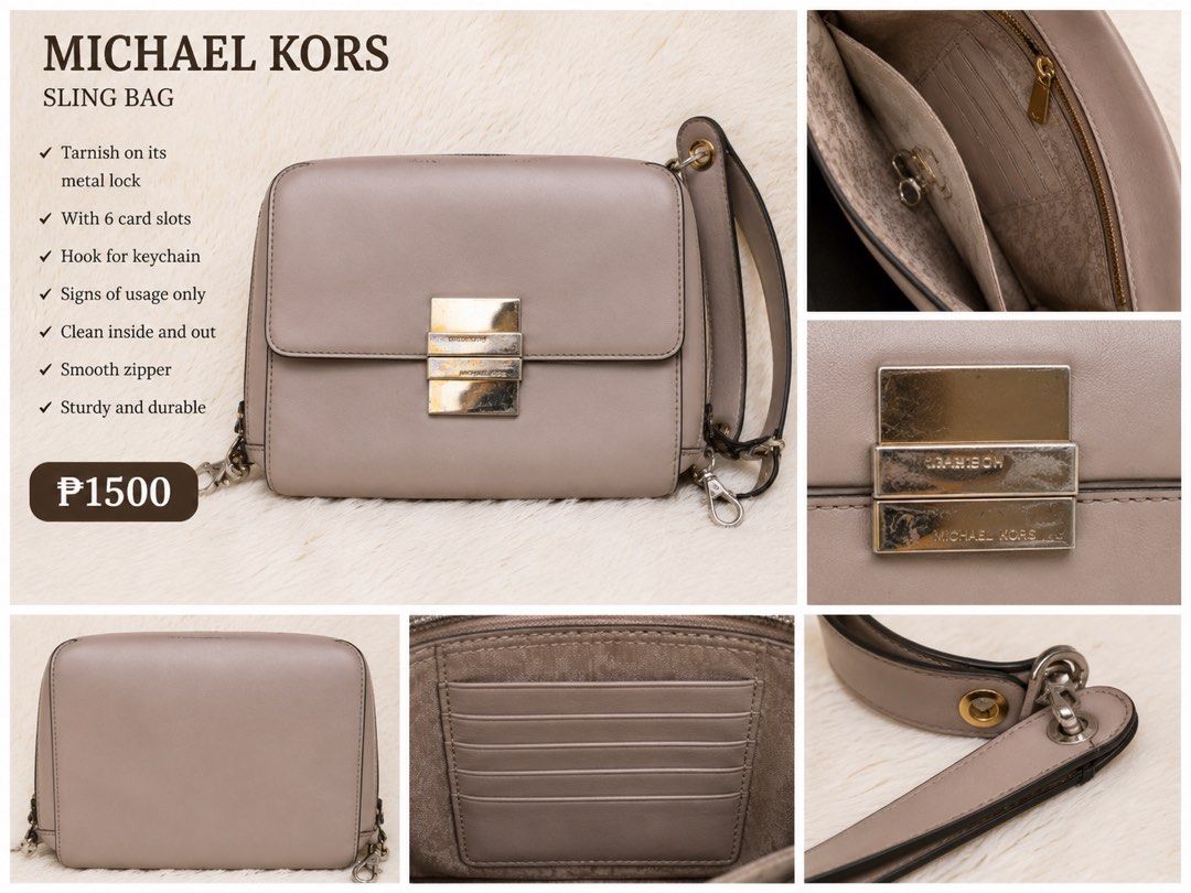 Michael Kors Sling Bag (Category: Cross-body Bags) located in Manila. Submitted by powerstuffgirl (Listing ID 1468032937, Image 1). Description: - Brand: Michael Kors - Color/Material: Taupe leather - Hardware: Gold-tone metal lock closure (with minor tarnish and scratches) and smooth zipper - Interior Features: 6 card slots, 1 zipper pocket, and a convenient key chain hook - Condition: Sturdy structure, clean inside and out, with normal signs of