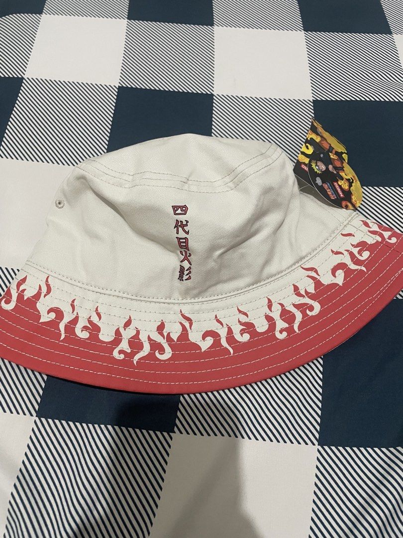 Miniso x Naruto Fourth Hokage Bucket Hat (Category: Caps & Hats) located in San Pablo. Submitted by phalitzthings (Listing ID 1467919893, Image 1). Description: - Official Miniso Naruto merchandise with tags attached - Color: Off-white and red - Design: Fourth Hokage kanji embroidery on the front with a flame pattern along the brim - Condition: Brand new with tags (BNWT) - Perfect for Naruto fans and casual streetwear From HK.
