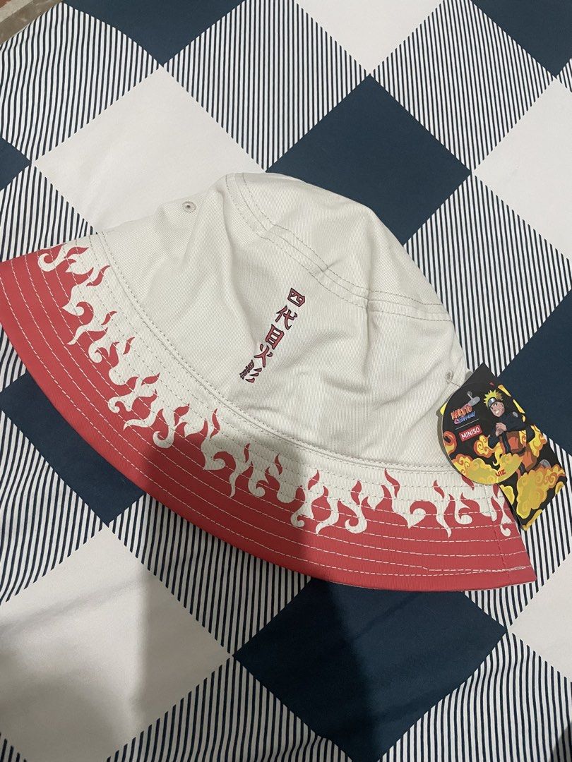 Miniso x Naruto Fourth Hokage Bucket Hat (Category: Caps & Hats) located in San Pablo. Submitted by phalitzthings (Listing ID 1467919893, Image 3). Description: - Official Miniso Naruto merchandise with tags attached - Color: Off-white and red - Design: Fourth Hokage kanji embroidery on the front with a flame pattern along the brim - Condition: Brand new with tags (BNWT) - Perfect for Naruto fans and casual streetwear From HK.