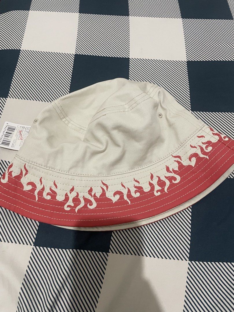 Miniso x Naruto Fourth Hokage Bucket Hat (Category: Caps & Hats) located in San Pablo. Submitted by phalitzthings (Listing ID 1467919893, Image 2). Description: - Official Miniso Naruto merchandise with tags attached - Color: Off-white and red - Design: Fourth Hokage kanji embroidery on the front with a flame pattern along the brim - Condition: Brand new with tags (BNWT) - Perfect for Naruto fans and casual streetwear From HK.