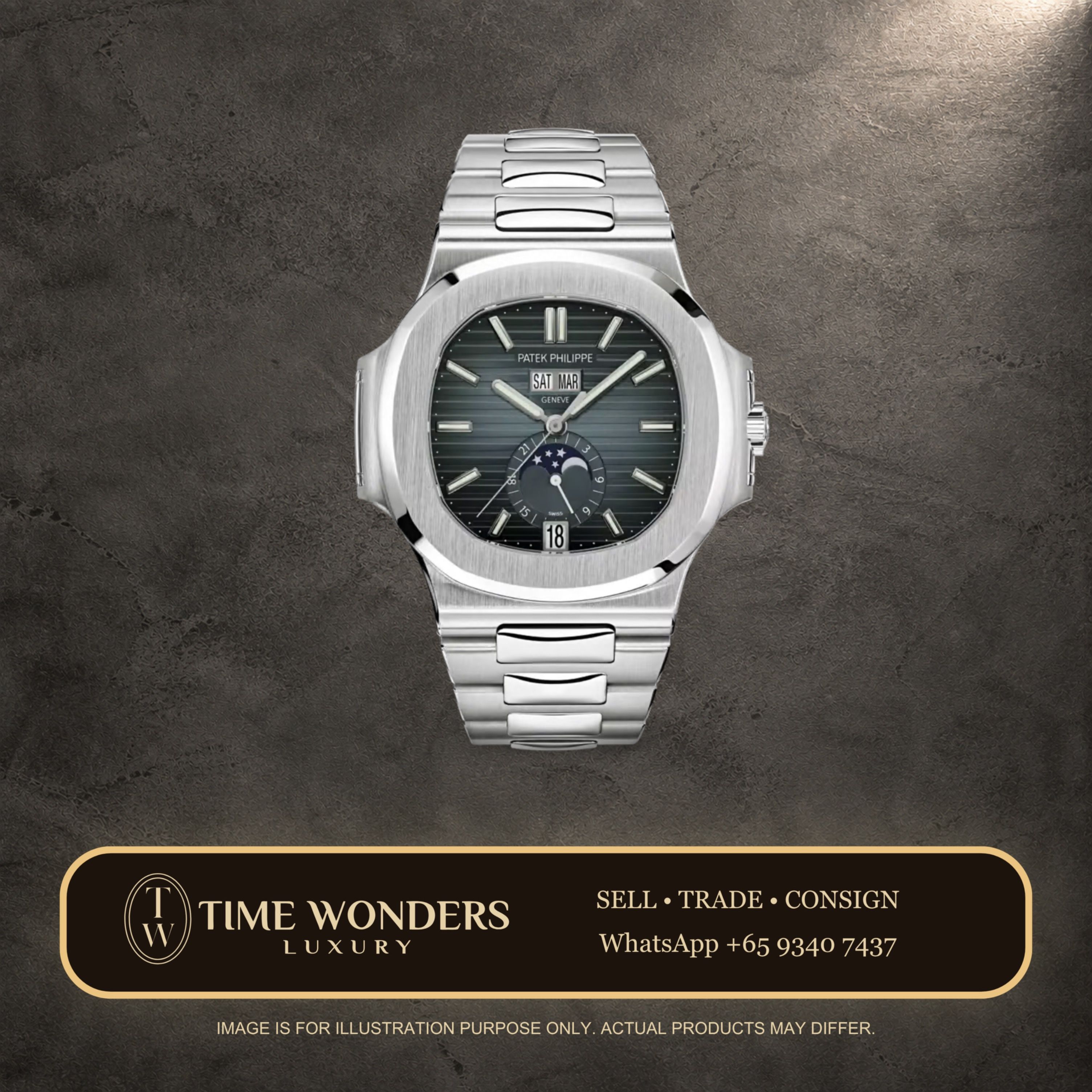 Mint Q2 2023 Patek Philippe Nautilus Annual Calendar 5726/1A-014 Moonphases Blue Dial 5726 40.5mm (Category: Watches) located in Singapore. Submitted by timewondersluxury (Listing ID 1467909417, Image 1). Description: Brand: Patek Philippe Model: 5726/1A-014 Condition: Mint Dial: Blue Case Diameter: 40.5mm Movement : Automatic Material: Stainless Steel Bracelet: Stainless Steel Original Box: Yes Original Cert/Papers: Yes Dated: Q2 2023 Warranty: 