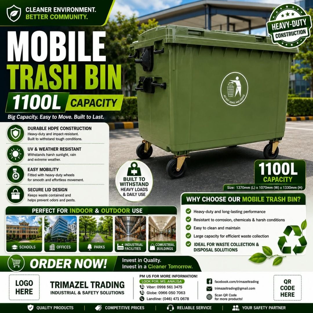 MOBILE TRASH BIN (Category: Looking For) located in Pasig City. Submitted by cruzmia.825 (Listing ID 1467848202, Image 1). Description: ✅ Guaranteed lowest price ✅ Quality products ✅ Big discount for bulk orders ✅ 100% LEGIT TRUSTED SUPPLIER! ✅ With Complete Legal Documents ✅ BIR Registered We Supply All Kinds Of PPE Supplies, Raincoat, Hard Hat, Cooler Box, Plastic Trash Bin, Road Barriers, Kayak Boats, Crystal Kayak, Traffic Cone, T-Bollards & 