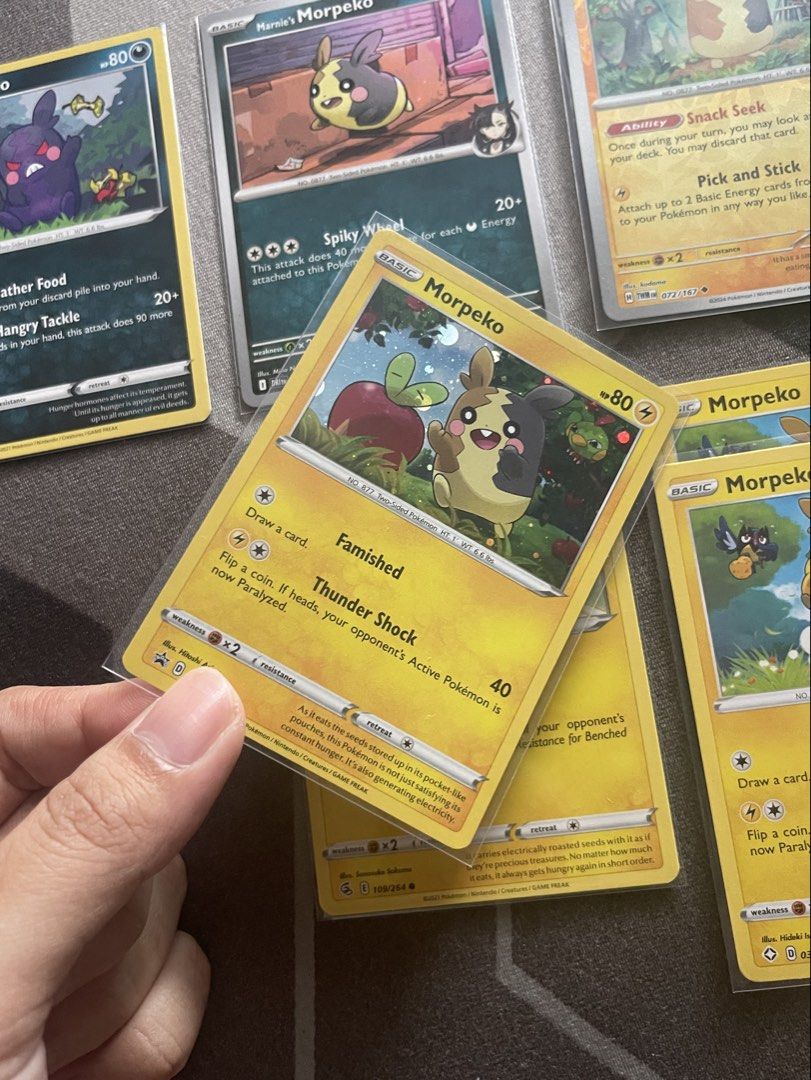 Morpeko Cards Lot (Category: Raw Singles) located in Quezon City. Submitted by regtailtherapy (Listing ID 1467965847, Image 2). Description: Morpeko (JP) Crimson Haze — Uncommon, 030/066 Sword & Shield Promo — SWSH031 Morpeko (035) Shining Fates — Common, 035/072 Morpeko Battle Styles — Uncommon, 098/163 Reverse Holo Twilight Masquerade — Uncommon, 072/167 Morpeko (036) Shining Fates — Common, 036/072 Morpeko Rebel Clash — Uncommon, 073/192 Marni